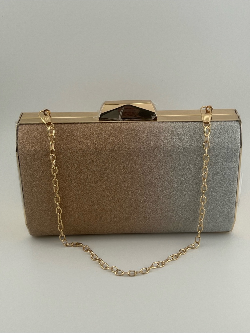 Two-Tone Gold and Silver Metallic Evening Clutch with Chain